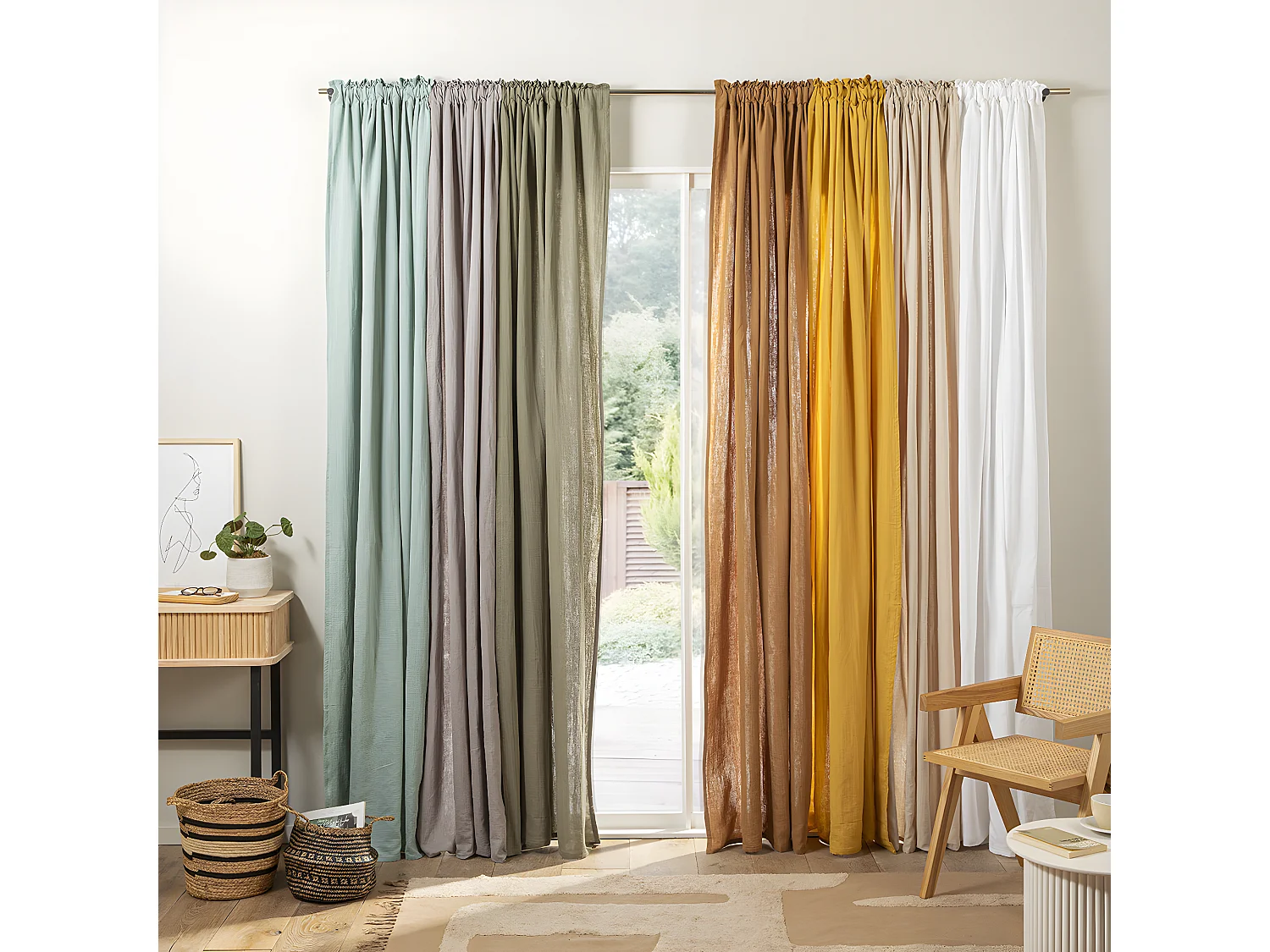 Rideau uni en gaze de coton pattes cachées à l'unité 140x300cm beige