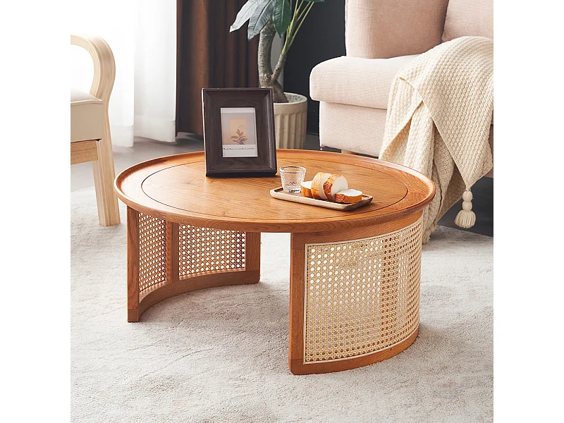 Table basse en chêne massif de qualité supérieure avec détails en rotin Diamètre 70 cm