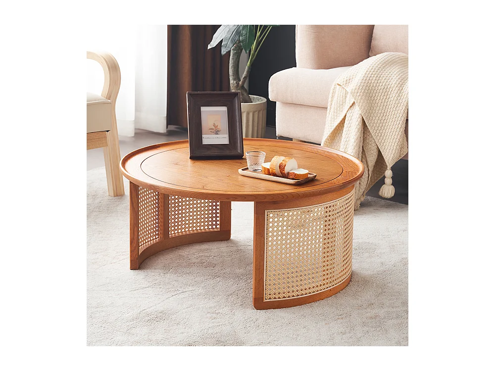 Table basse en chêne massif de qualité supérieure avec détails en rotin Diamètre 70 cm