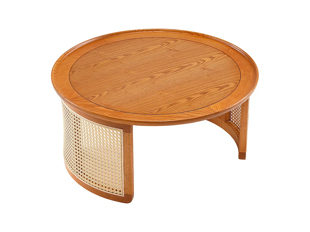 Table basse en chêne massif de qualité supérieure avec détails en rotin Diamètre 70 cm