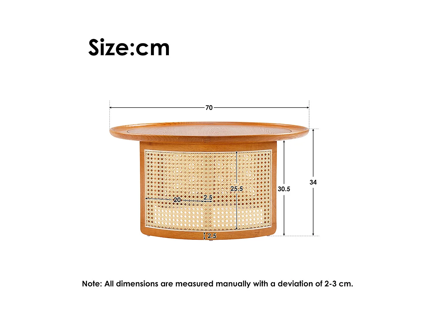 Table basse en chêne massif de qualité supérieure avec détails en rotin Diamètre 70 cm