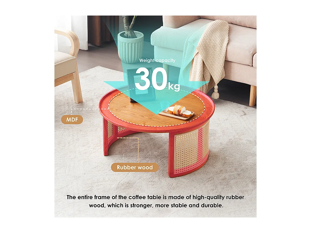 Table basse en chêne massif de qualité supérieure avec détails en rotin Diamètre 70 cm