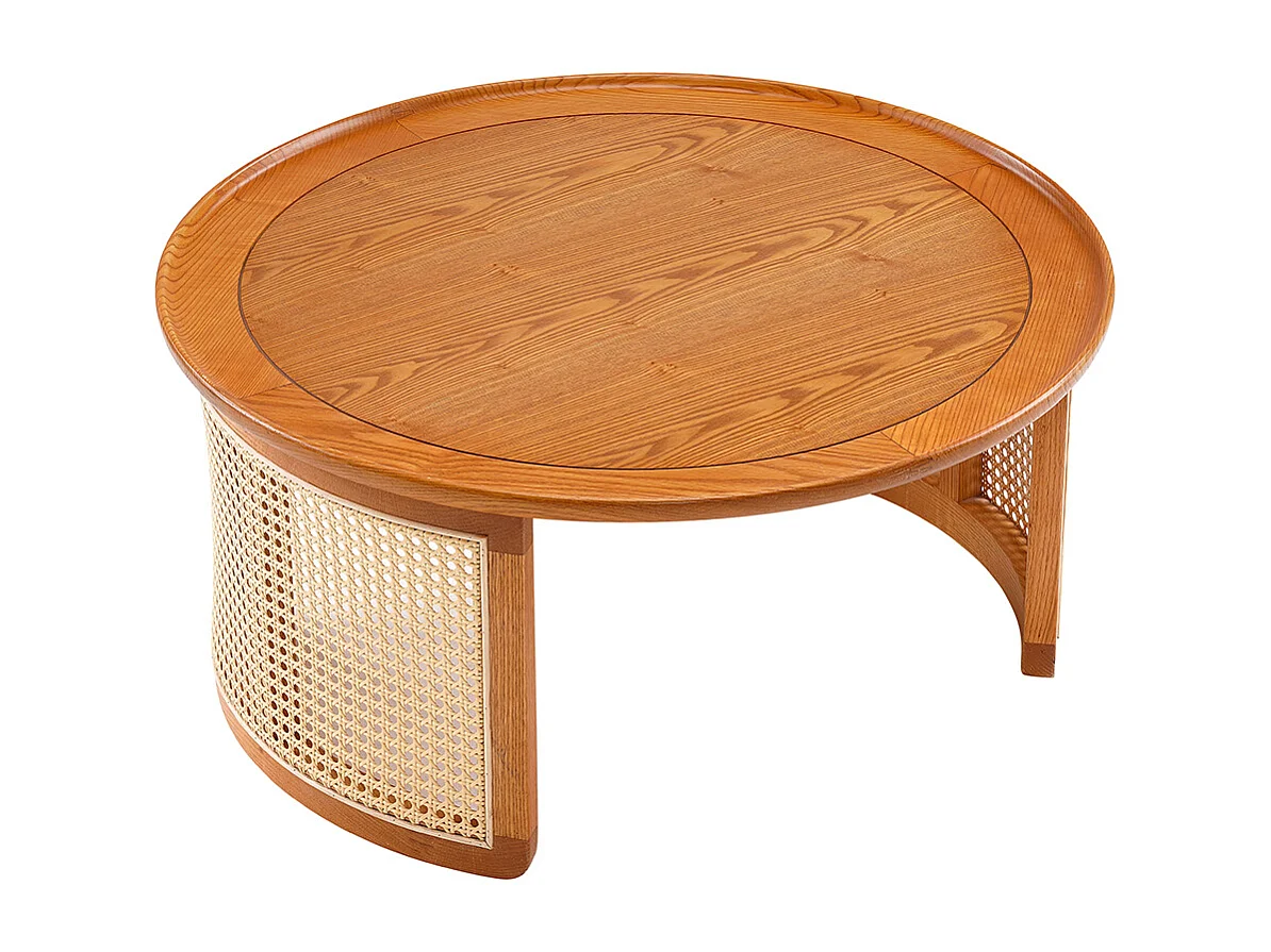 Table basse en chêne massif de qualité supérieure avec détails en rotin Diamètre 70 cm