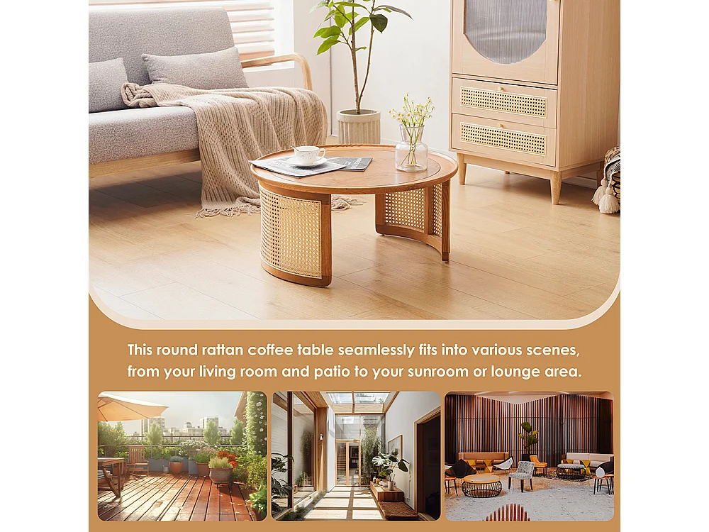 Table basse en chêne massif de qualité supérieure avec détails en rotin Diamètre 70 cm