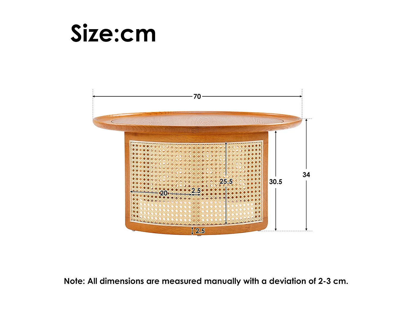 Table basse en chêne massif de qualité supérieure avec détails en rotin Diamètre 70 cm