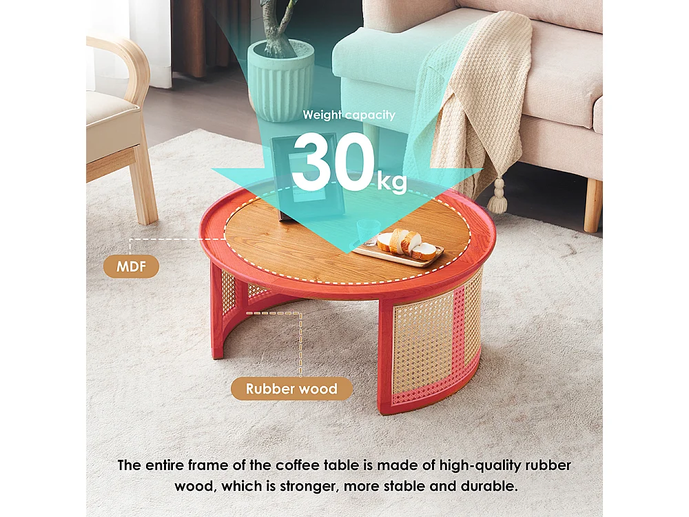 Table basse en chêne massif de qualité supérieure avec détails en rotin Diamètre 70 cm