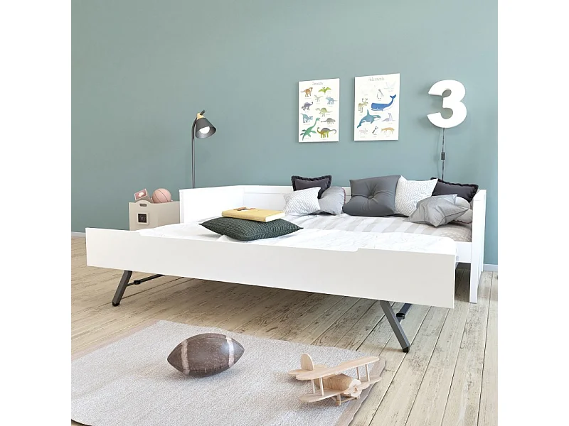 Lit avec lit pieds pliants bois blanc 90x200 cm