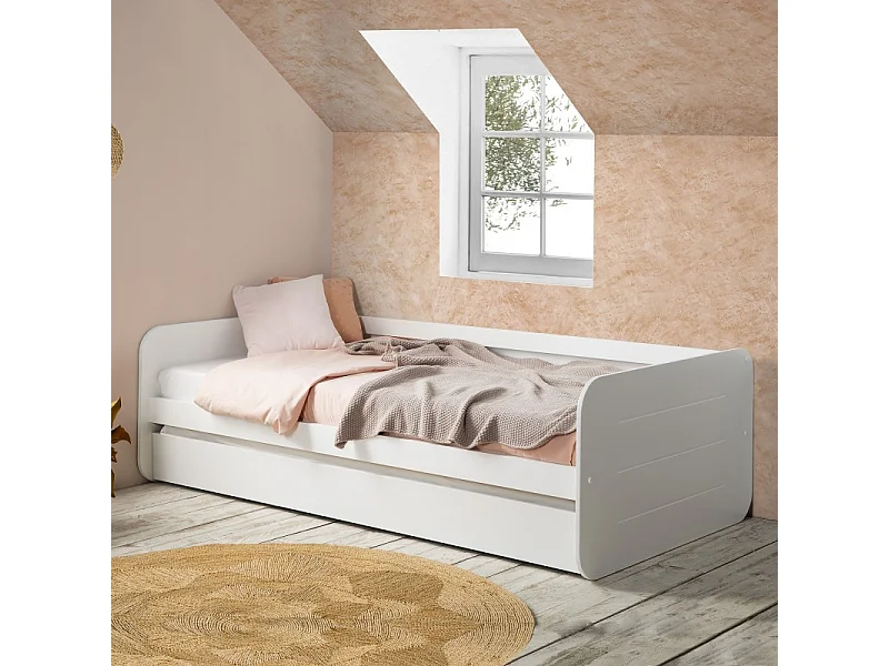 Lit + lit pieds pliants MDF blanc 90x190cm