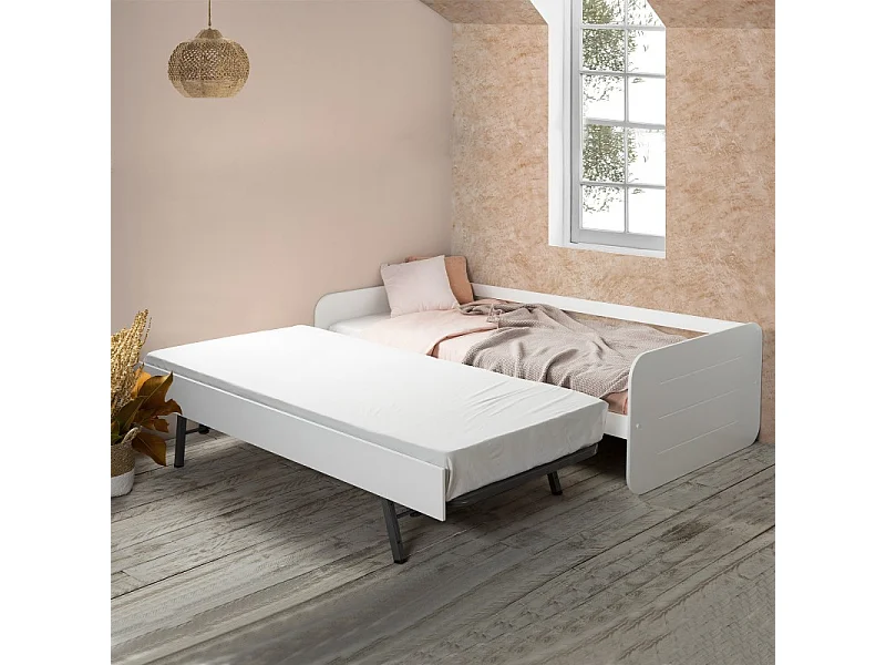 Lit + lit pieds pliants MDF blanc 90x190cm