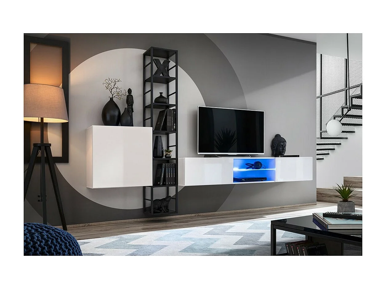 Mueble para TV suspendido de 180 cm con 2 puertas y nichos iluminados colección SWITCH. Mueble en color blanco.