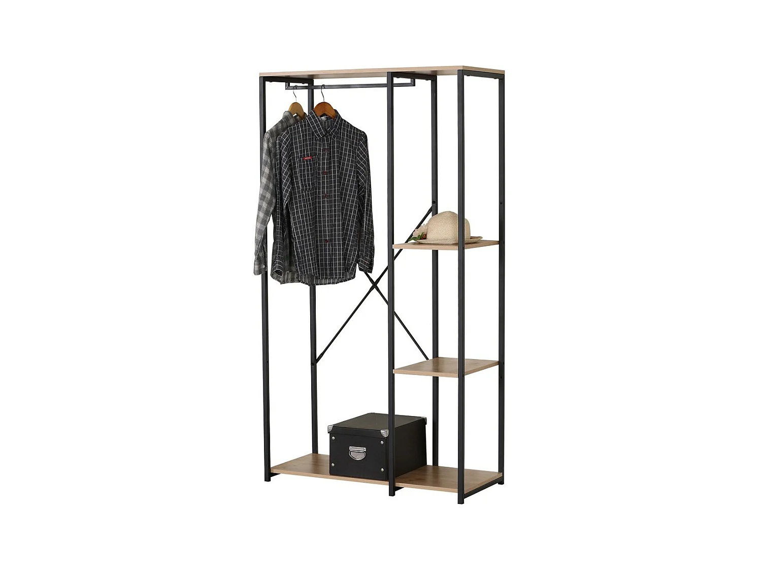 Perchero / vestidor abierto con 2 estantes y armario de la colección HOLBORN - Dimensiones 90x40x167 cm, en colores roble y negro