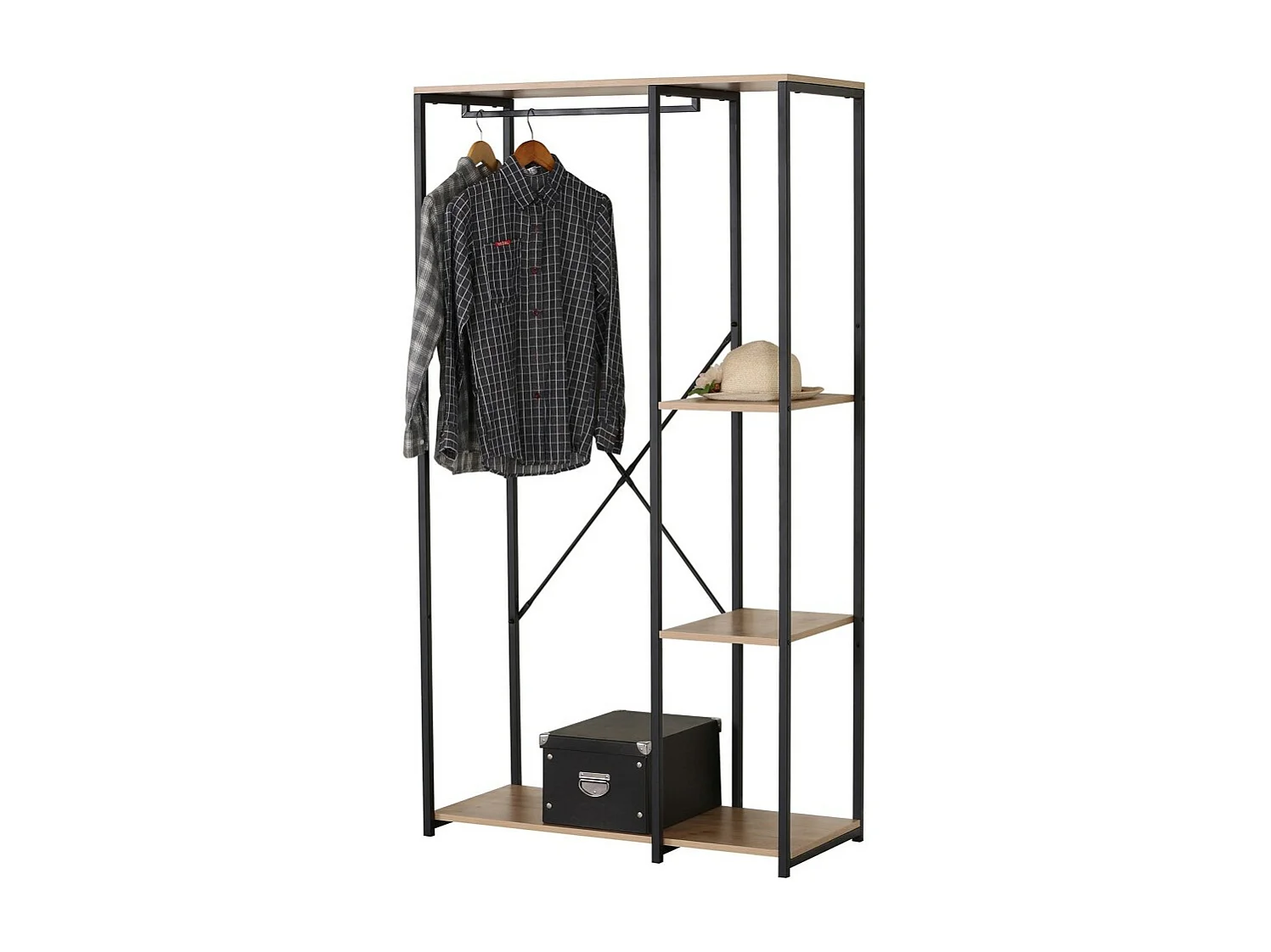 Garderobenständer / offene Garderobe mit 2 Regalen und Kleiderstange, Kollektion HOLBORN – Maße 90x40x167 cm, Farbe Eiche und Schwarz