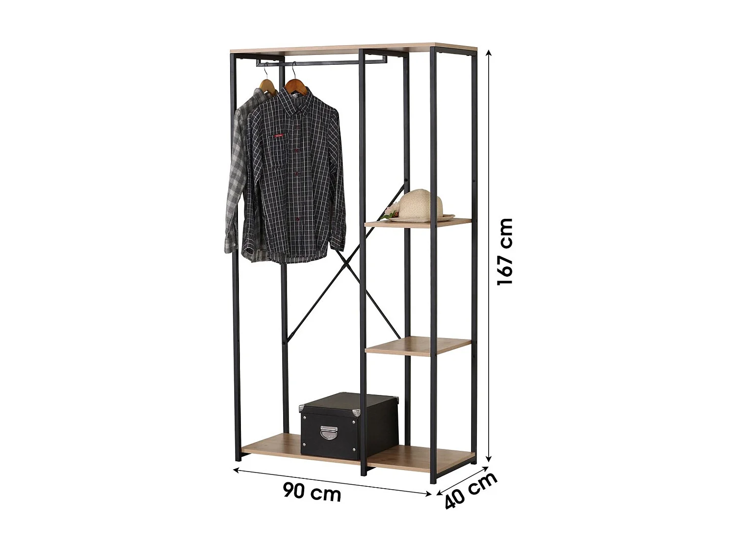 Garderobenständer / offene Garderobe mit 2 Regalen und Kleiderstange, Kollektion HOLBORN – Maße 90x40x167 cm, Farbe Eiche und Schwarz