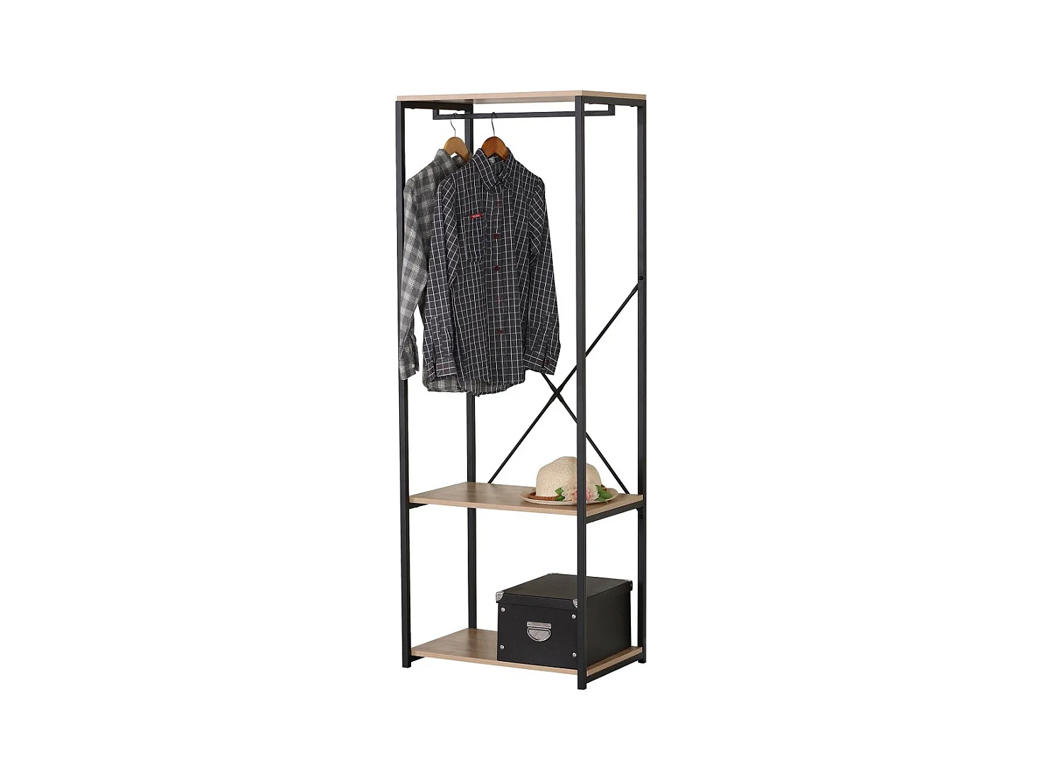 Porte-manteau / dressing ouvert avec étagère et penderie – Dimensions 60x40x167 cm, coloris chêne clair et noir
