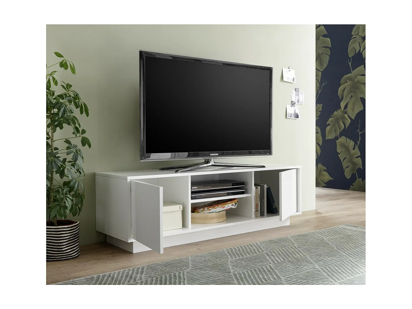 Móvel para TV com 2 portas, coleção CREAM, na cor branco brilhante laqueado, ideal para sua sala de estar moderna e na moda.