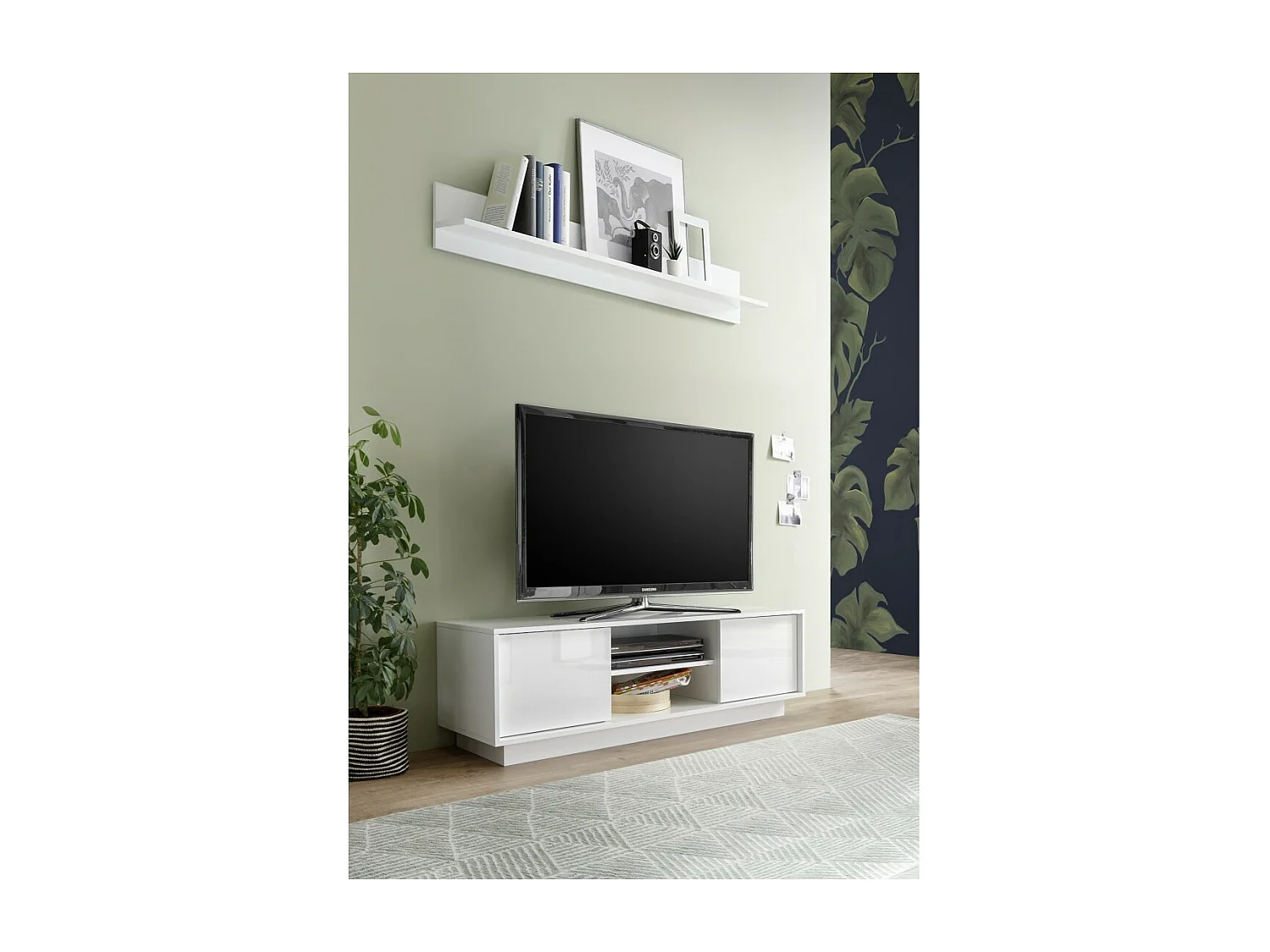 Móvel para TV com 2 portas, coleção CREAM, na cor branco brilhante laqueado, ideal para sua sala de estar moderna e na moda.