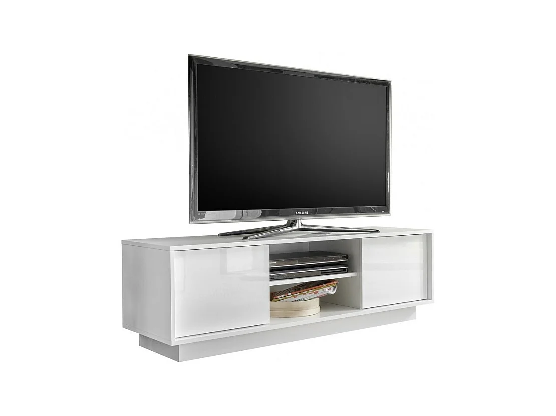Meuble TV 2 portes, collection CREAM, coloris blanc laqué brillant, idéal pour votre salon tendance et moderne