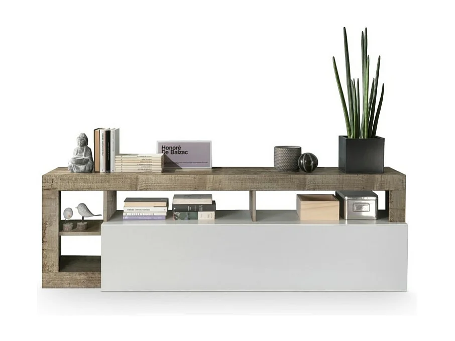 Tv-meubel 1 deur, collectie BURA, in hoogglans wit gelakt en licht eiken kleur