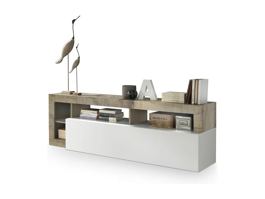 Tv-meubel 1 deur, collectie BURA, in hoogglans wit gelakt en licht eiken kleur