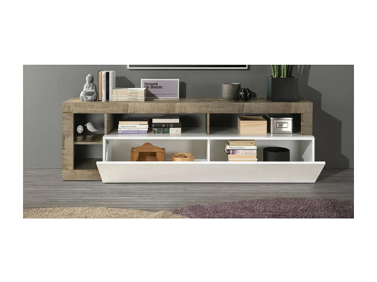 Tv-meubel 1 deur, collectie BURA, in hoogglans wit gelakt en licht eiken kleur