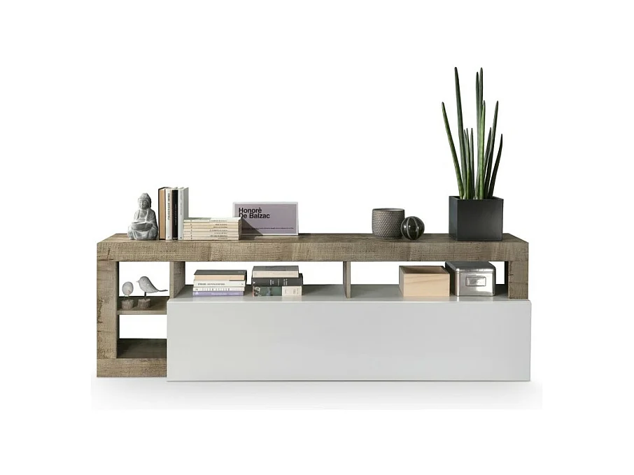 Meuble TV 1 porte, collection BURA, coloris blanc laqué brillant et chêne clair