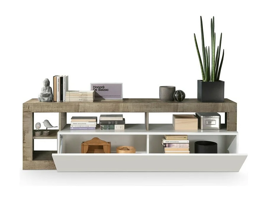 Mobile porta TV 1 anta, collezione BURA, colore bianco lucido laccato e rovere chiaro