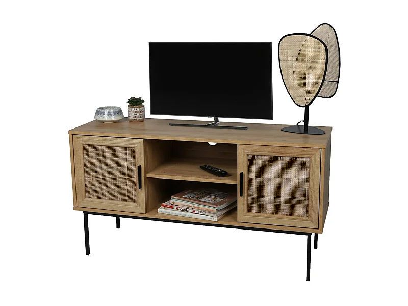 TV-meubel met 2 deuren en 2 planken - Afmetingen 120x39x63 cm, deuren van jute, licht eiken kleur - Collectie SAVORY