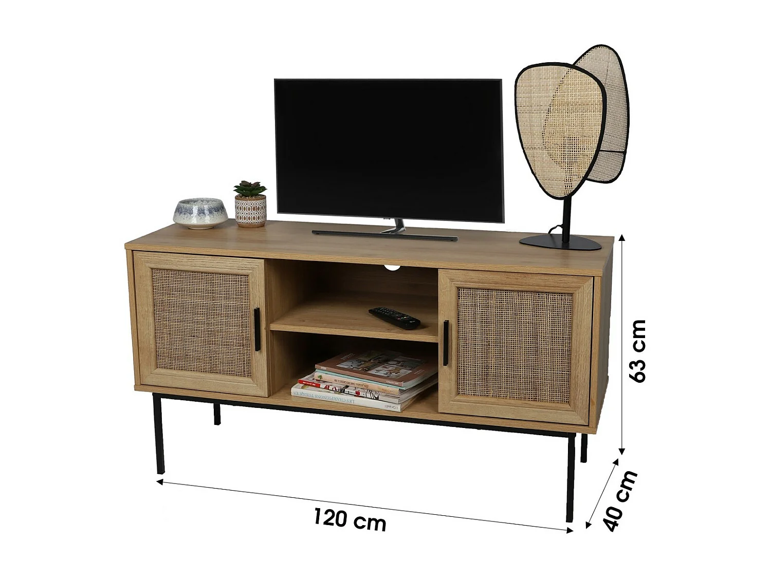 TV-meubel met 2 deuren en 2 planken - Afmetingen 120x39x63 cm, deuren van jute, licht eiken kleur - Collectie SAVORY