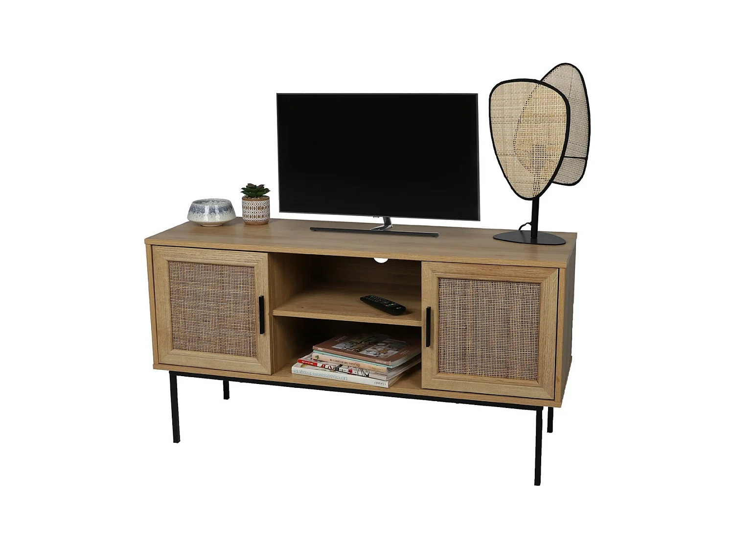 Meuble TV avec 2 portes et 2 étagères – Dimensions 120x39x63 cm, portes en jute, coloris chêne clair – Collection SAVORY
