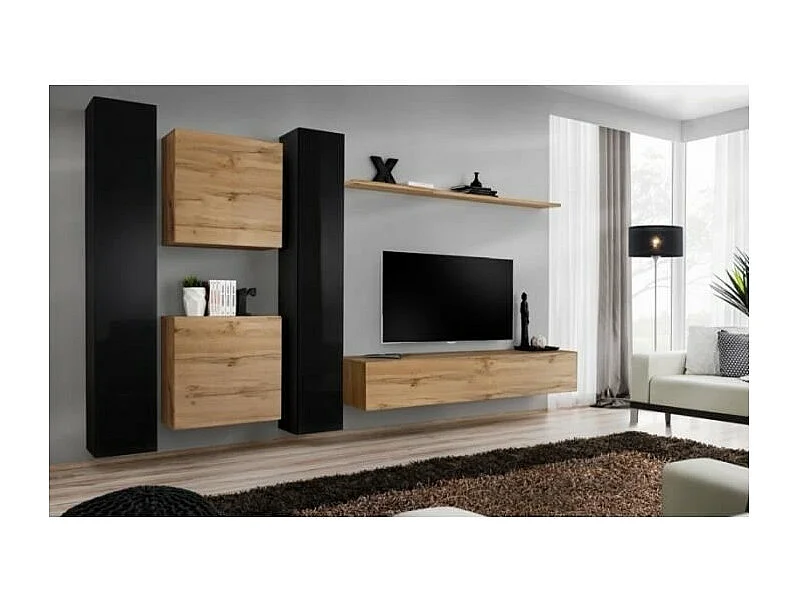 Set di mobili sospesi per il tuo salotto della collezione SWITCH VI. Colori rovere Wotan e nero lucido.