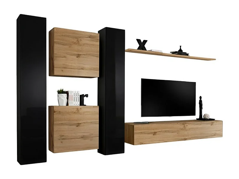 Conjunto de muebles suspendidos para su salón de la colección SWITCH VI. Colores roble Wotan y negro brillante.