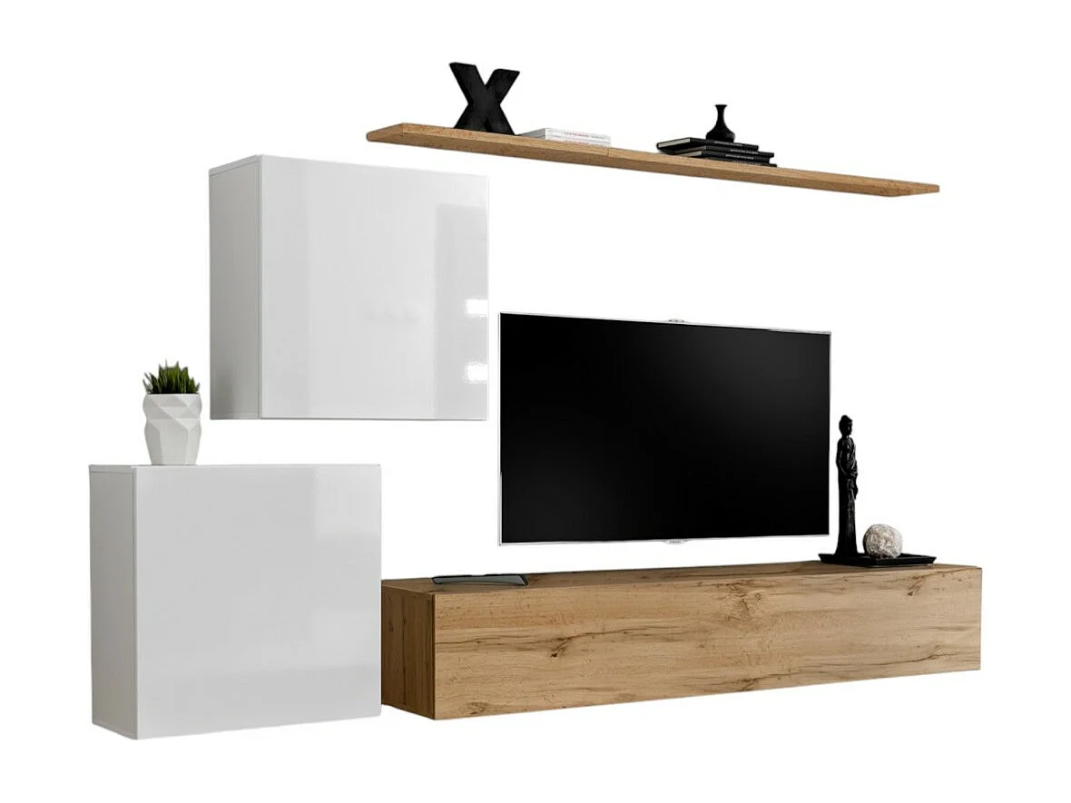 Set van hangende meubels voor uw woonkamer uit de collectie SWITCH V. Kleuren Wotan eiken en hoogglans wit.