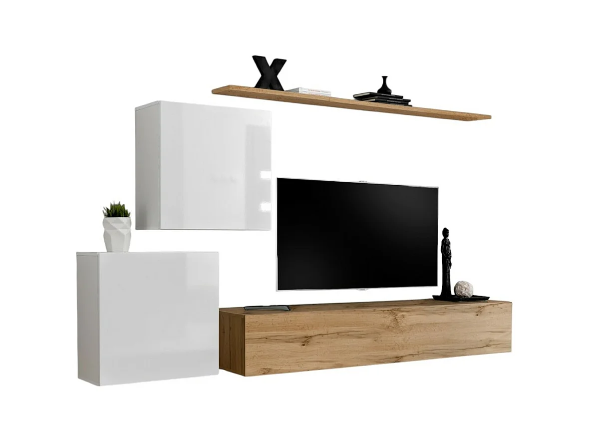 Ensemble de meubles suspendus pour votre salon collection SWITCH V. Coloris chêne Wotan et blanc brillant.