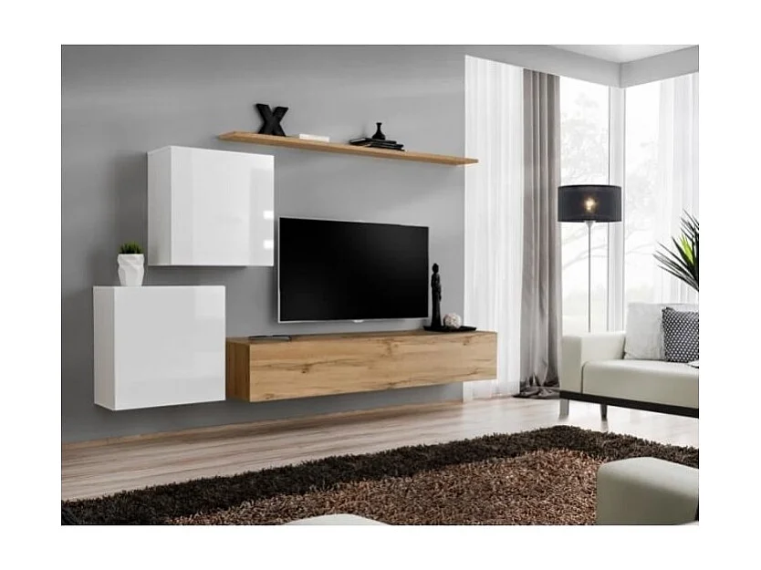 Ensemble de meubles suspendus pour votre salon collection SWITCH V. Coloris chêne Wotan et blanc brillant.