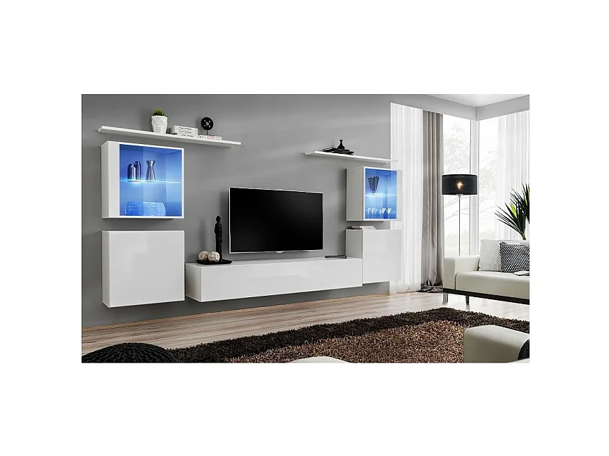 Ensemble de meubles suspendus design pour salon collection SWITCH XIV. coloris blanc brillant.