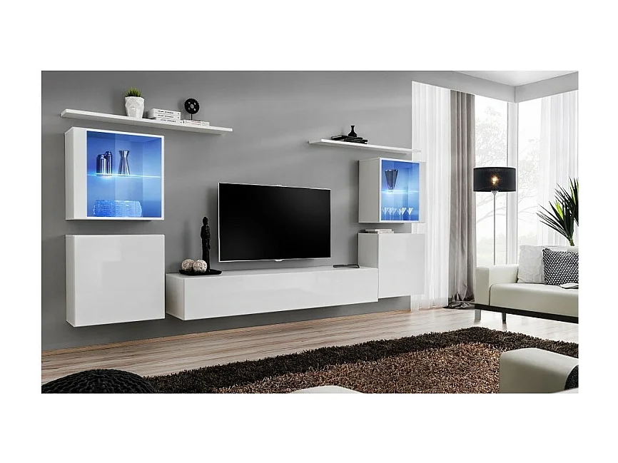 Ensemble de meubles suspendus design pour salon collection SWITCH XIV. coloris blanc brillant.