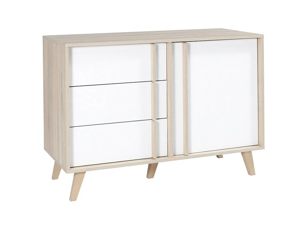 Commode 1 porte et 3 tiroirs MALMO coloris chêne clair et blanc