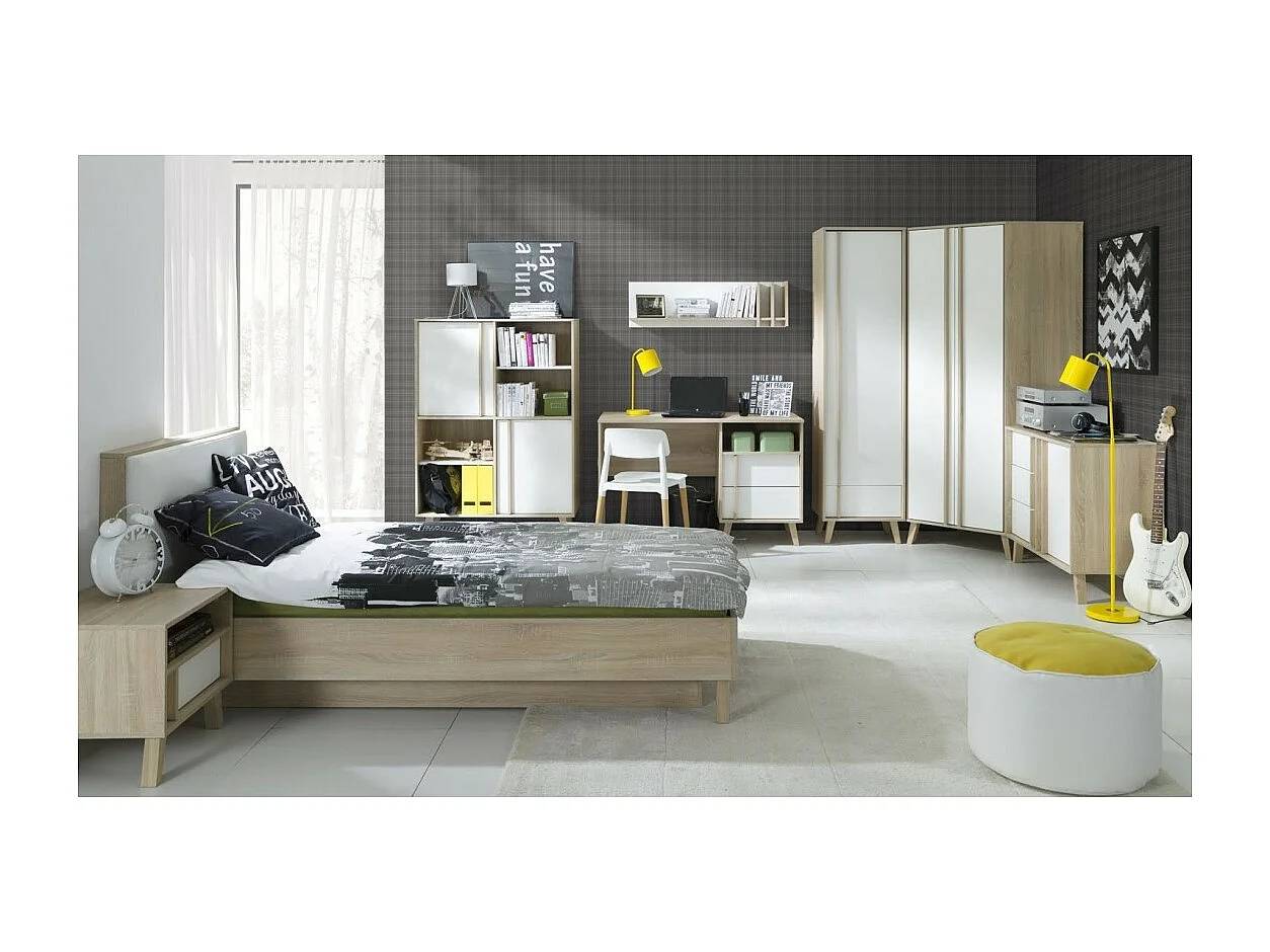 Commode 1 porte et 3 tiroirs MALMO coloris chêne clair et blanc