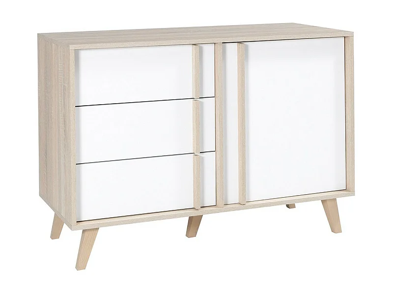 Commode 1 porte et 3 tiroirs MALMO coloris chêne clair et blanc