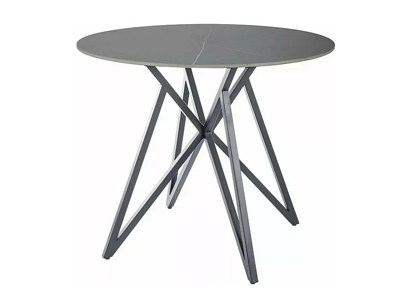 Table à manger ronde 90 cm aspect marbre gris avec pied en métal noir mat Persei
