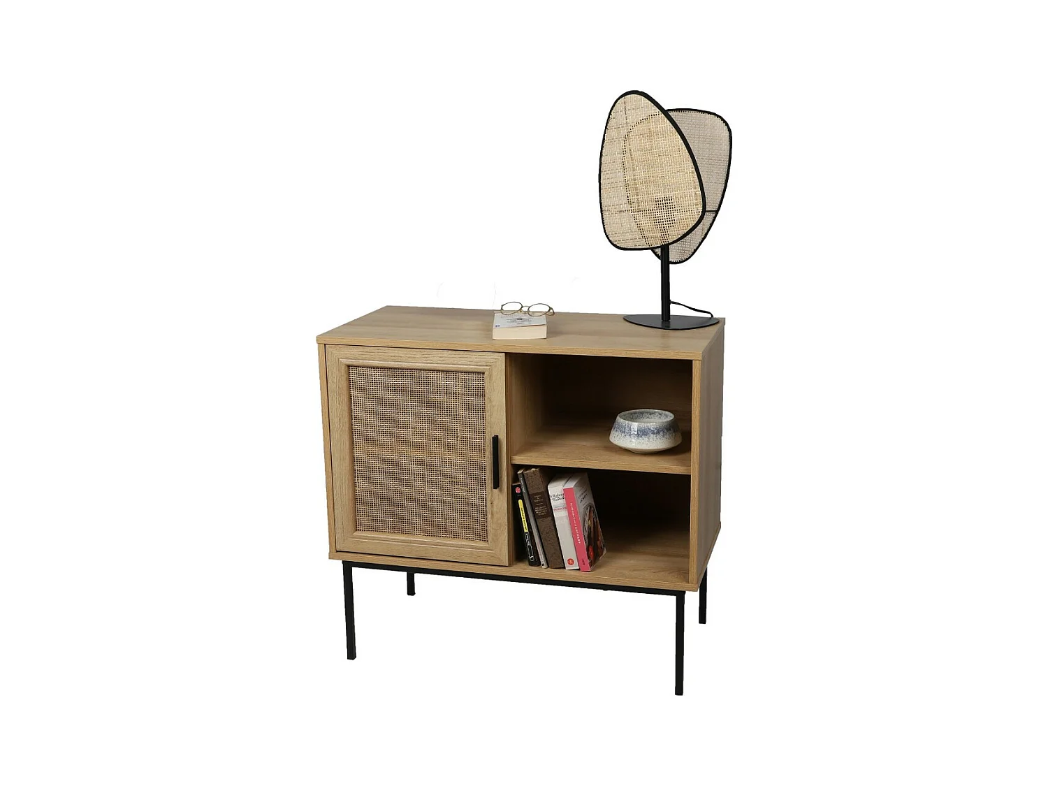 Petit buffet 1 porte et 2 niches – Dimensions 80x39x73 cm, couleur chêne et noir – Collection SAVORY
