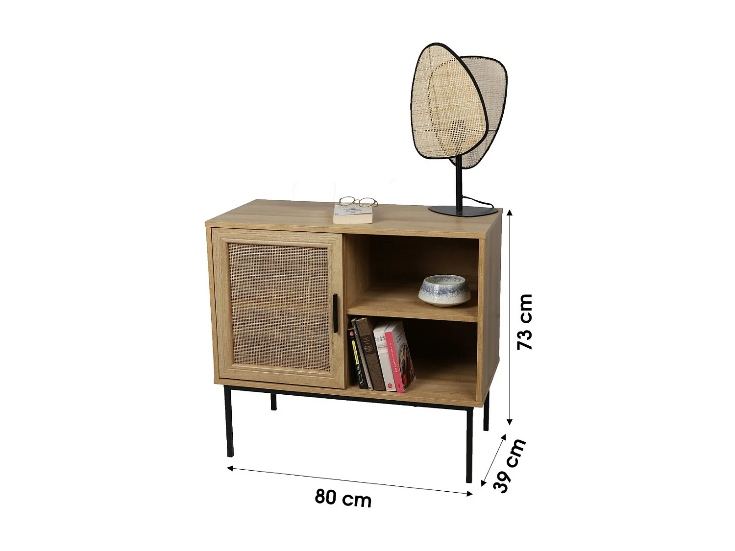 Klein buffet 1 deur en 2 vakken - Afmetingen 80x39x73 cm, kleur eiken en zwart - Collectie SAVORY