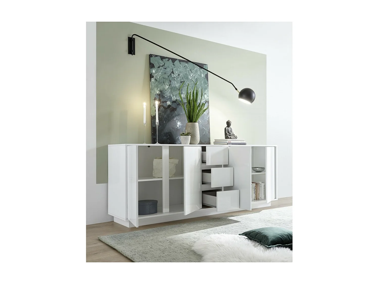 Buffet de 4 portas e 3 gavetas, coleção CREAM, na cor branco brilhante laqueado, ideal para uma sala de estar ou sala de jantar moderna.