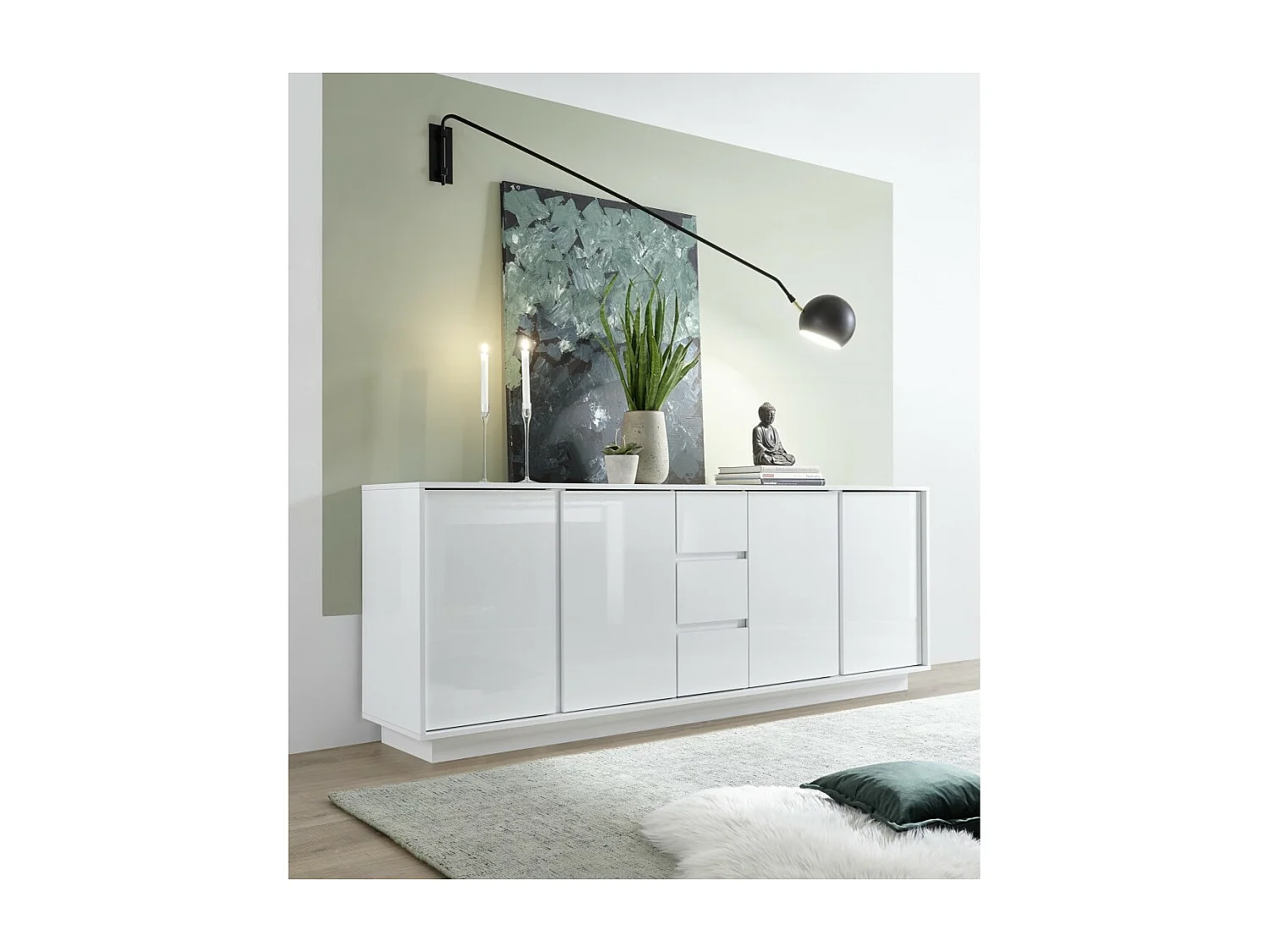 Buffet de 4 portas e 3 gavetas, coleção CREAM, na cor branco brilhante laqueado, ideal para uma sala de estar ou sala de jantar moderna.