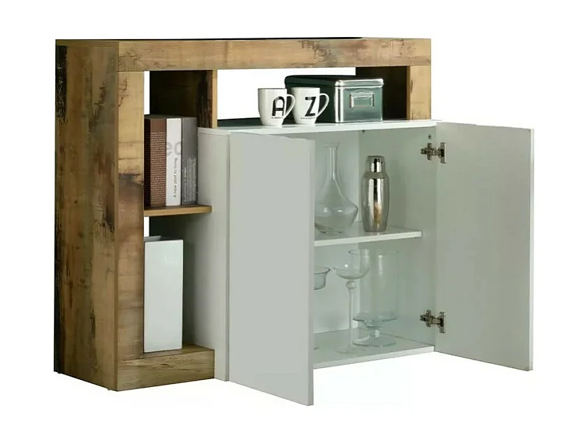 Buffet mit 2 Türen, Kollektion BURA, in glänzendem Weiß und hellem Eichenfarbton.