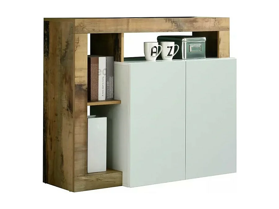 Buffet 2 deuren collectie BURA, kleur hoogglans wit en licht eiken