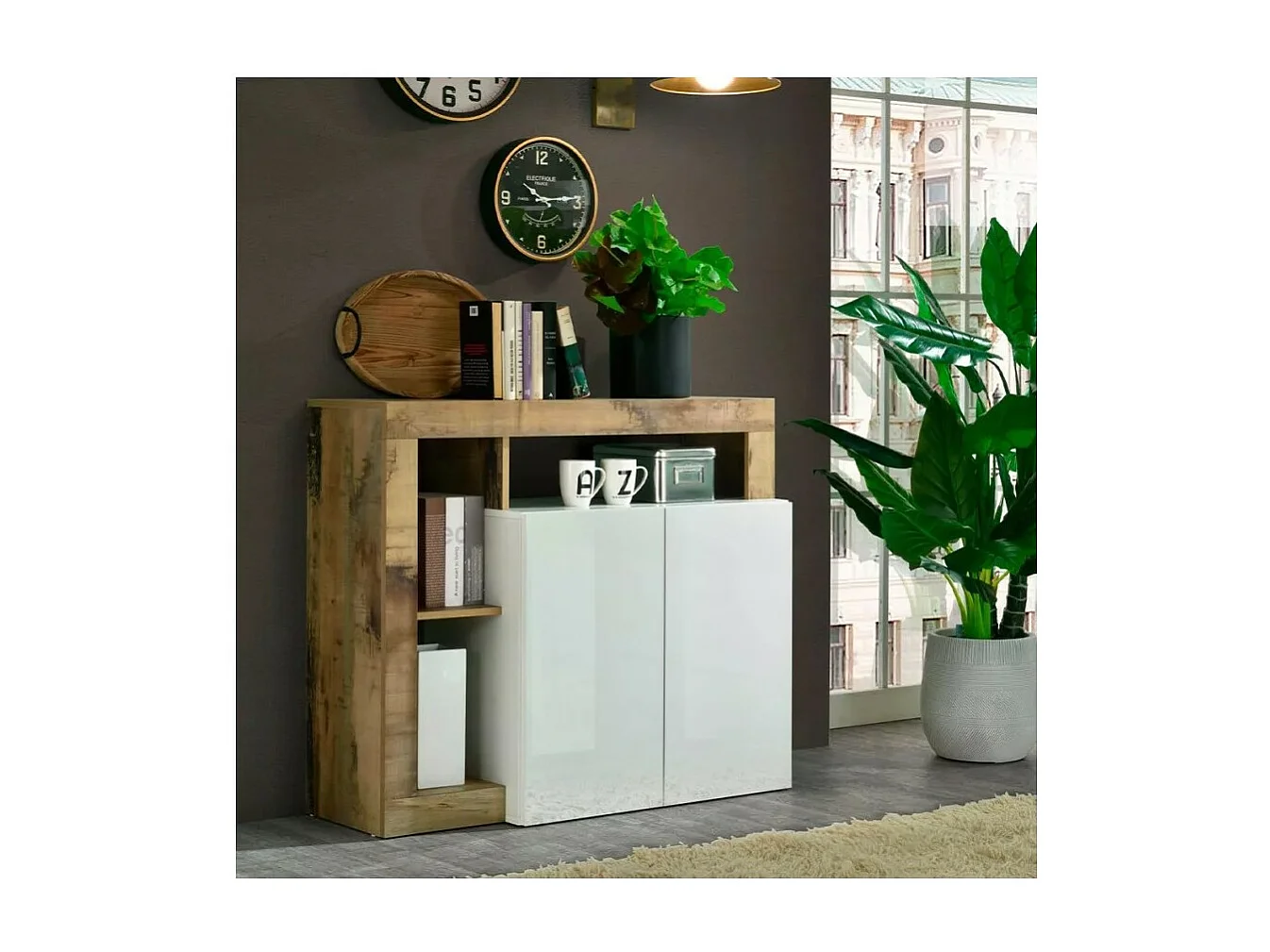 Buffet 2 deuren collectie BURA, kleur hoogglans wit en licht eiken