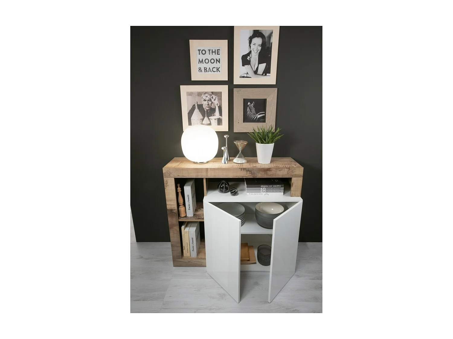 Buffet 2 deuren collectie BURA, kleur hoogglans wit en licht eiken