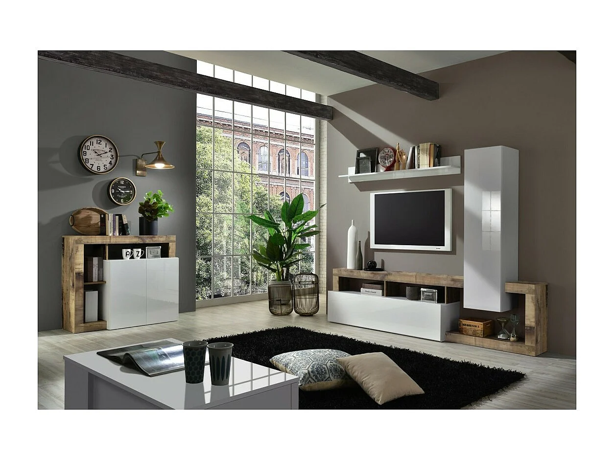 Buffet 2 deuren collectie BURA, kleur hoogglans wit en licht eiken