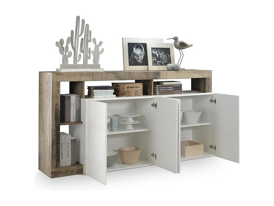 Buffet BURA – 4 portes – Blanc laqué brillant et chêne clair – Design moderne – L184 cm